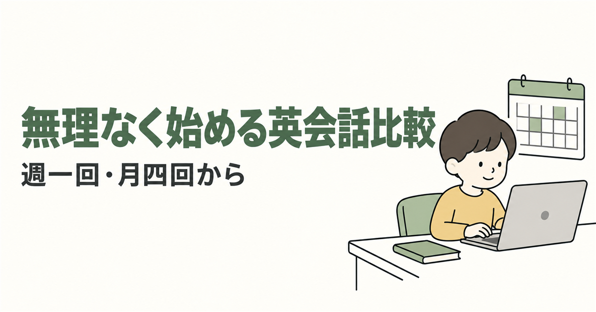 無理なく始める英会話比較。週一回・月四回からを紹介する線画イラスト。